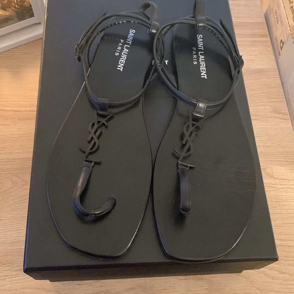 YSL black leather T-strap thong sandals